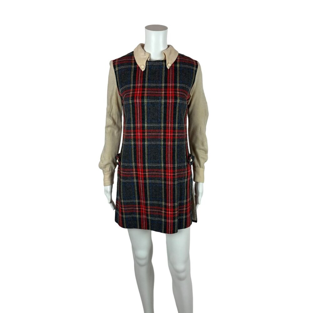 Vintage 60s Plaid Tunic Women's Medium Mod Red Tartan Top School Girl Academia